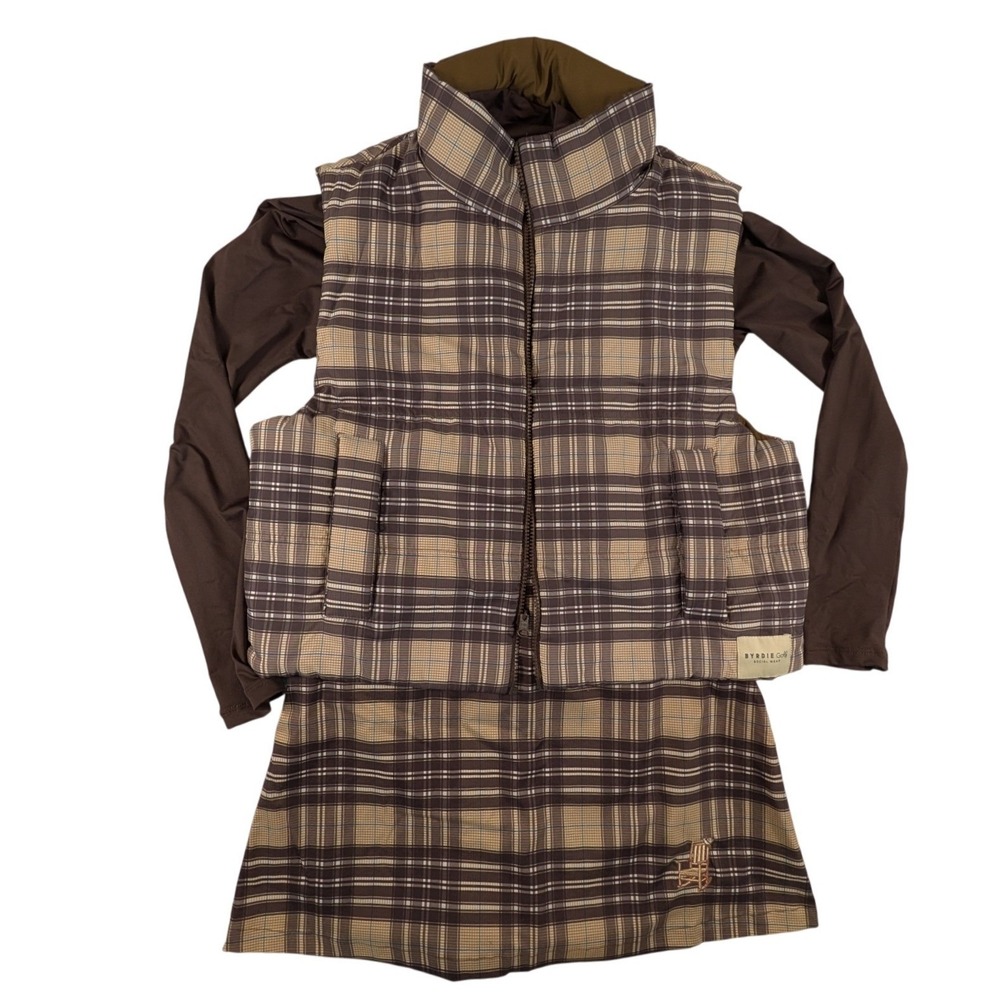 Byrdie Golf Social Wear 3pc Set Plaid Reversible Puffer Vest Skort Brown Small